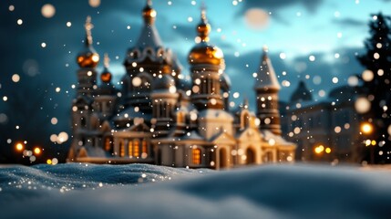 Fototapeta premium beautiful city immersed in winter, snowflakes falling gently, dreamy urban wonderland