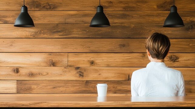 economy  business  sustainability concept. A person seated at a wooden counter, facing a rustic wall with pendant lights and a coffee cup.