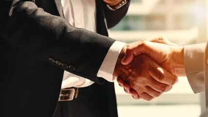 business of businessman having handshake, The two professionals shake hands firmly in a modern office bathed in natural light - Powered by Adobe