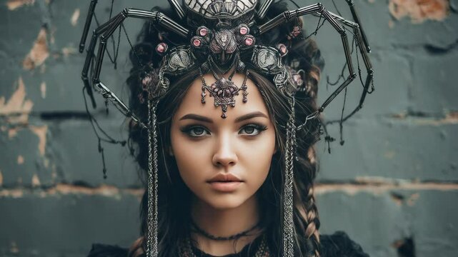 Portrait of a woman with fantasy jewelry and a spider headdress against a textured wall, featuring dark elegance and artistic design.