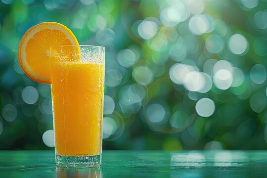 flawless image of Healthy freshly squeezed detox orange juice green emerald background