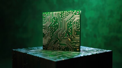 chip economy symbol on pedestal, dramatic light casting shadows, war imagery blending into circuit patterns