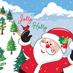 Christmas Whimsical Santa Claus in Snowy scene Isolated Pattern with Jolly Jolly Text and Cardinal Bird- Christmas Santa Claus Print Vector Illustration