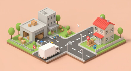 Isometric Low-poly City Street Scene with Delivery Truck