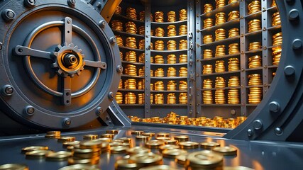 Open vault filled with shiny gold coins stacked on shelves and scattered on the floor inside a secure bank chamber with heavy steel door

 - Powered by Adobe