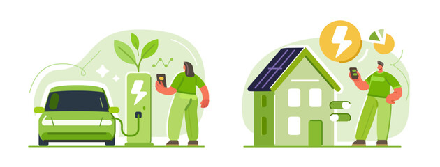 Electric car vehicle charging. Efficient and economical electricity consumption at home. Sustainable green energy
