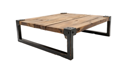 Rustic square wooden coffee table with dark metal legs and corner accents. isolated on white background.
