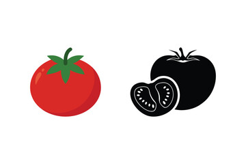 Fresh red tomato vegetable icon with slice black silhouette isolated illustration