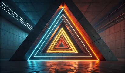 Abstract Futuristic Interior with Neon Triangle Portal and Concrete Walls Sci Fi Concept with Glowing Lights and Reflections in a Modern Space