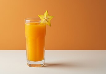 Refreshing orange juice with star fruit garnish on white table