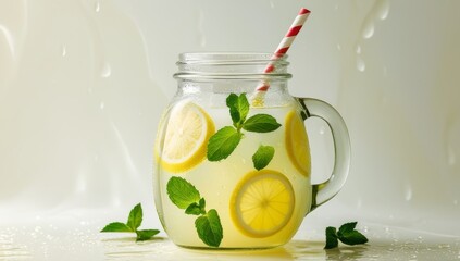 Refreshing lemonade with lemon slices and mint leaves in a glass jar