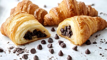 Delicious chocolate croissants freshly baked pastry