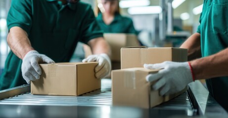 Workers in green shirts and gloves packing boxes on a conveyor belt, ensuring safe and efficient movement of goods in a warehouse.