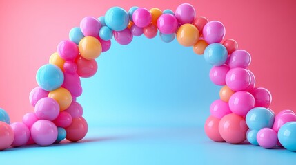 Enchanting archway of glossy spheres in pastel hues, creating a whimsical portal to imagination and childlike dreams against a two-toned backdrop