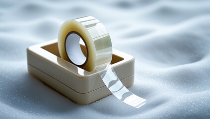 Close-up of a tape dispenser on a textured white surface emphasizing its practicality