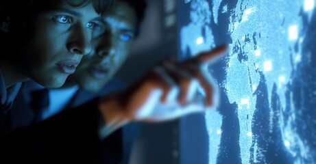 Two people are pointing at a world map, possibly discussing strategy, planning, or data analysis in a modern, technologically advanced setting.