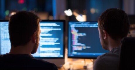 Two programmers collaborate on coding project, working late into night, illuminated by screen's glow.