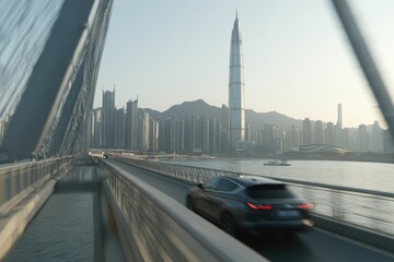 Fototapeta premium Cityscape view from a bridge with a moving car. Urban highway scene with a modern skyscraper