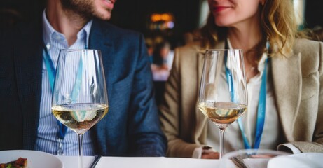 Professionals networking while drinking wine at a corporate event. They are wearing lanyards at a business lunch.