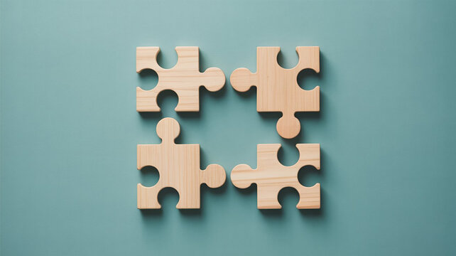 Four wooden jigsaw puzzle pieces arranged on a teal background in a flatlay style