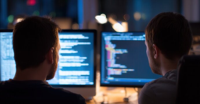 Two programmers collaborate on coding project, working late into night, illuminated by screen's glow. - Powered by Adobe