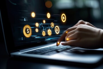 Hands typing on laptop, financial data overlay