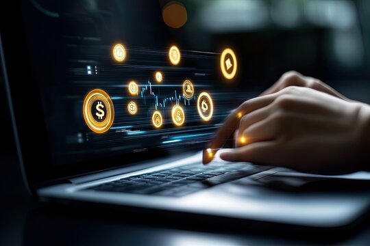 Hands typing on laptop, financial data overlay