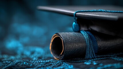 Elegant Composition: Graduation Cap and Diploma with Dreamy Blue Hues Celebrating Academic Achievement