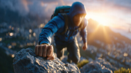 Determined climber in blue hoodie grips rugged mountain rock at sunrise, with blurred cityscape in background, showcasing adventure and perseverance