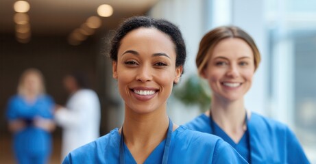 Smiling healthcare professionals stand confidently. Their positive expressions inspire trust and comfort in a medical environment.