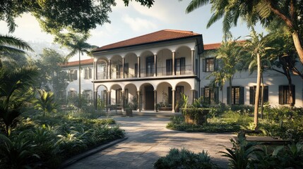 Naklejka premium Serene Tropical Mansion: Architectural Gem in Lush Gardens