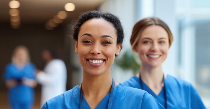 Smiling healthcare professionals stand confidently. Their positive expressions inspire trust and comfort in a medical environment.