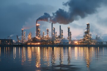 Obraz premium Oil Refinery Plant Emitting Light Smoke at Dawn