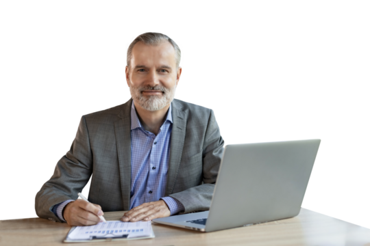 Smiling handsome mature businessman manager sitting with laptop on a transparent background