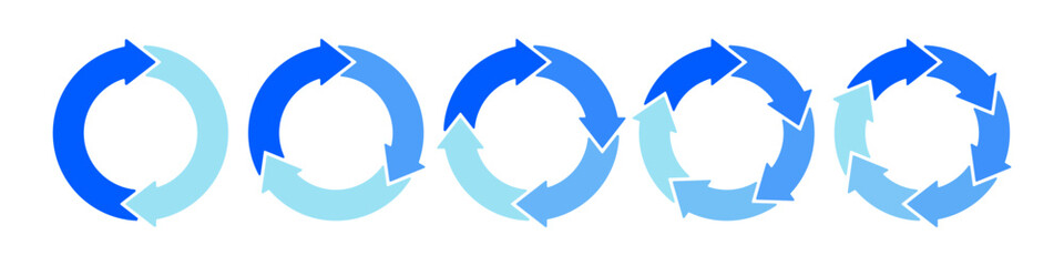 Blue circle transition stages. Circular arrows. Diagram infographic set. Rotation cycle vector 2, 3, 4, 5, 6, parts. Cyrcle, process, and flow concept