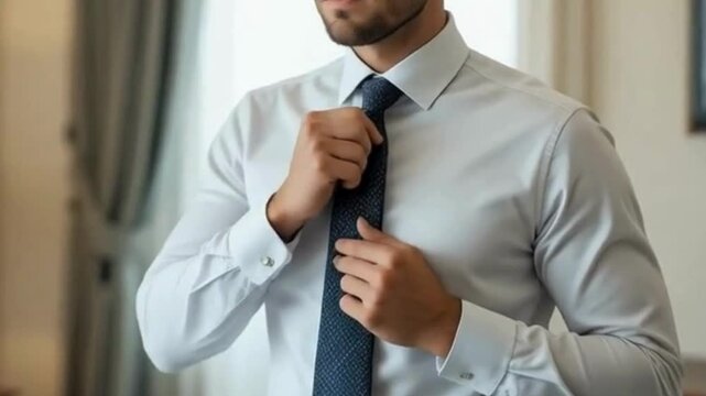Man in neat clothes fixing his tie get ready for work in his bedroom