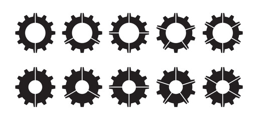 Black silhouette cogwheel stages segmentation.  Diagram infographic of cogwheel set. Segmented of 2, 3, 4, 5, and 6 parts.	
