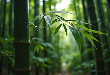 Fototapeta premium Fresh Green Bamboo Forest After Rain Dew Drops on Leaves and Stalks