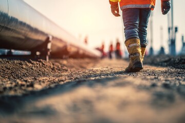 Worker Walking Near Gas Pipeline with Safety Gear