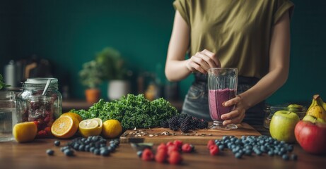 Making a smoothie with fresh fruits and vegetables. A healthy lifestyle choice that provides essential nutrients and a refreshing taste.