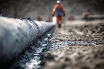 Worker Walking Near Gas Pipeline with Safety Gear