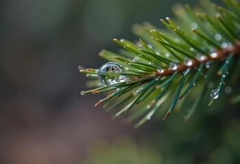 Water Droplets on Evergreen Branch Close-up Nature View