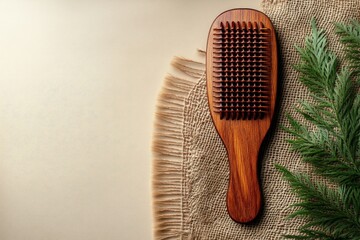 Wooden massage comb on a beige background. top view