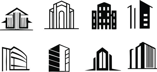 A collection of eight different black and white building architectural design logos on a white background