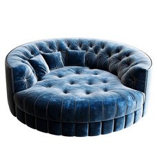 A blue velvet circular sofa chair with two pillows  isolated on a transparent background PNG,