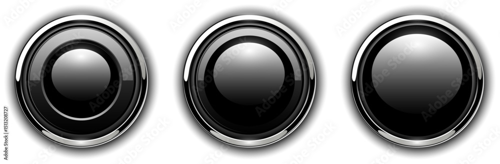 Poster Black gray shiny buttons set with metal chrome edges.