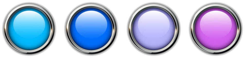 Purple blue shiny buttons set with metal chrome edges.