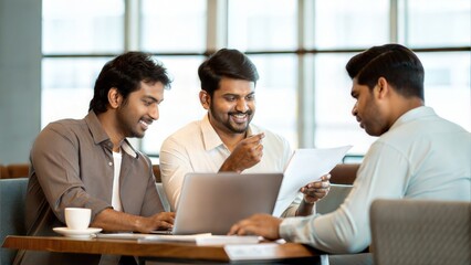 Fototapeta premium Indian Colleagues Discussing Innovation Strategy in Colorful Office Environment 