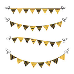 Black and gold party pennants chain. Celebration decorative, elements. Vector illustration	