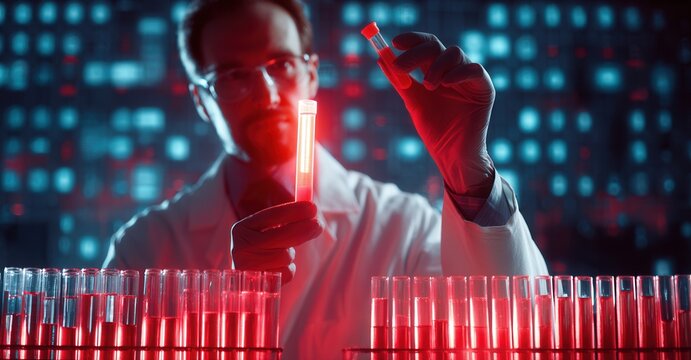 Scientist analyzing red liquid in test tubes, advancing research and medical science. Focused on innovative discoveries and health improvements.